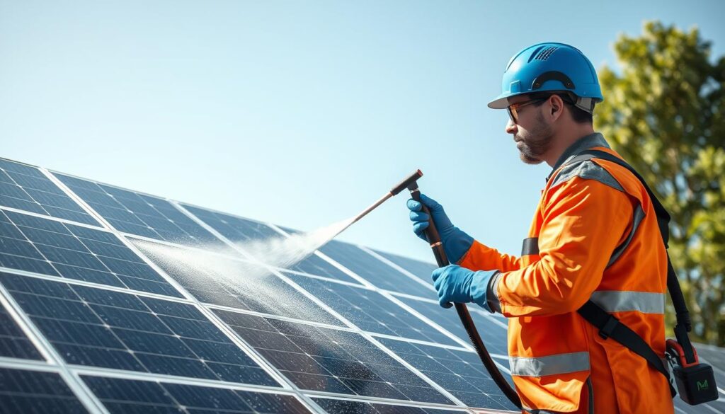 Image of a Clearly Amazing Solar Panel Cleaning technician using eco-friendly equipment
