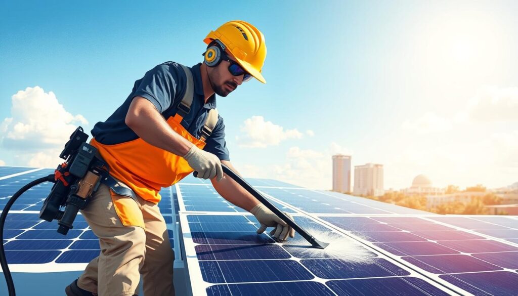 Image of a Duval Solar Cleaning technician cleaning solar panels in Jacksonville, FL
