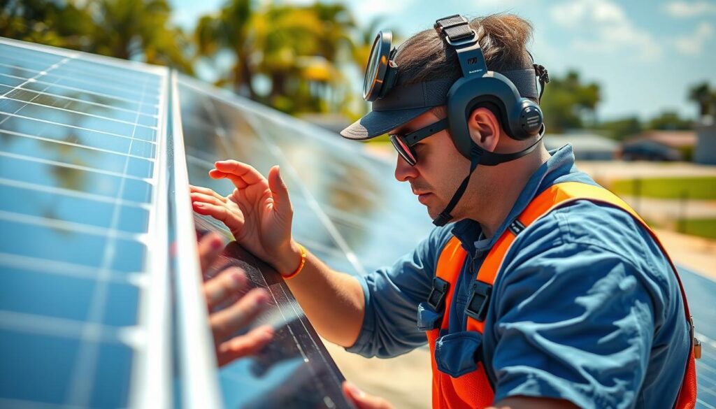 Image of a Gulf Coast Solar Panel Cleaning technician inspecting solar panels in Corpus Christi, TX