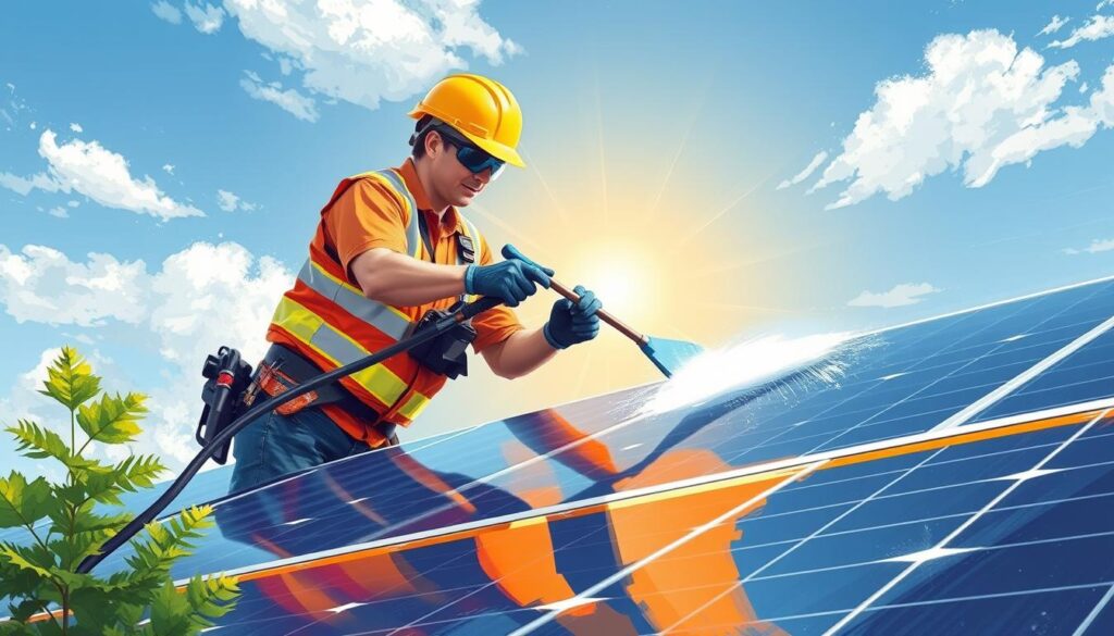 Image of a My Window Washing technician cleaning solar panels in Naperville