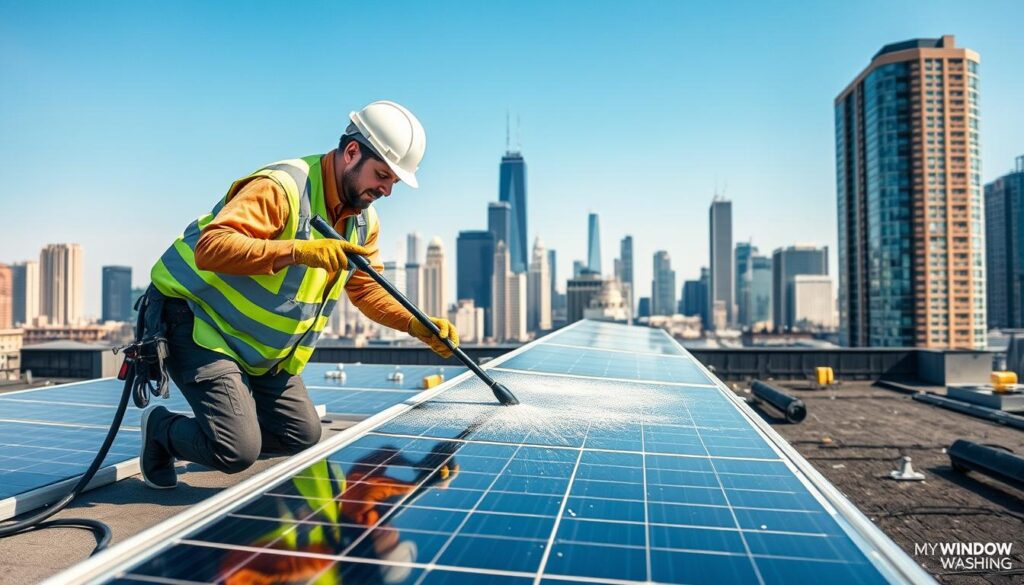 Image of a My Window Washing technician cleaning solar panels on a Chicago rooftop