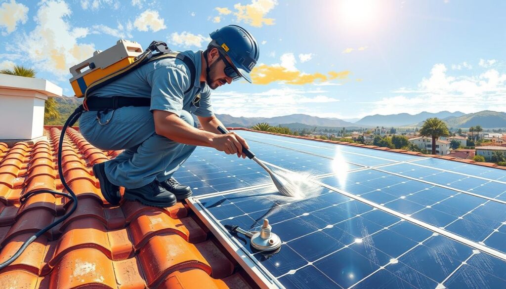 Image of a Premier Solar Cleaning technician cleaning solar panels on a rooftop in Southern California