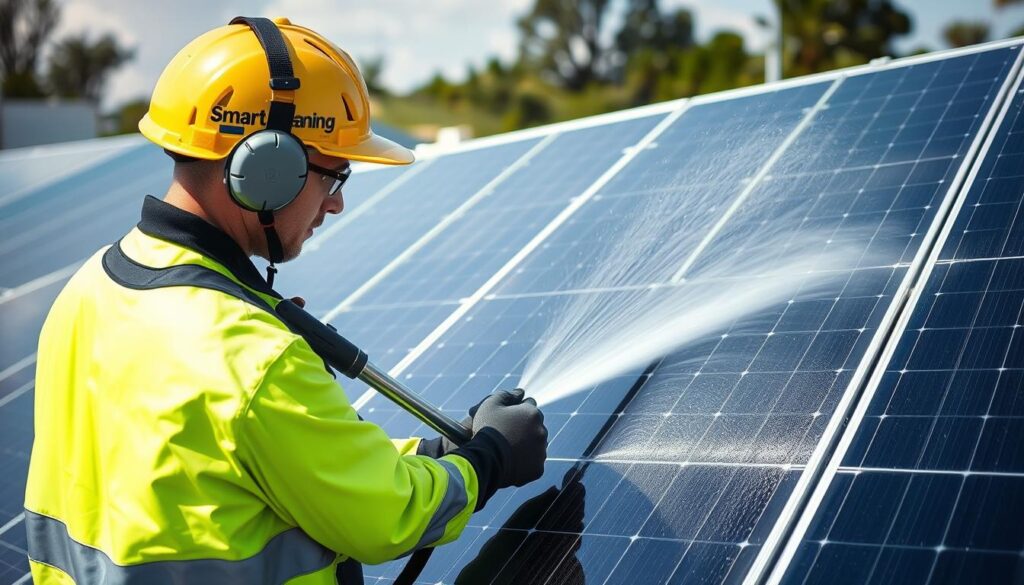 Image of a Smart Solar Cleaning technician using commercial-grade equipment to clean solar panels