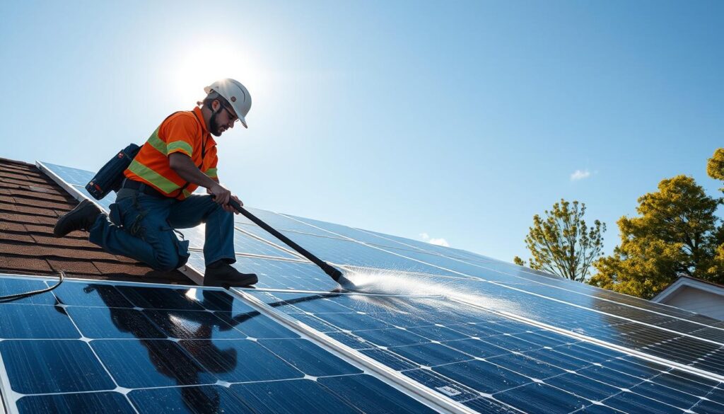 Image of a Sunshine Solar Services technician cleaning solar panels on a residential property in Concord, NC.