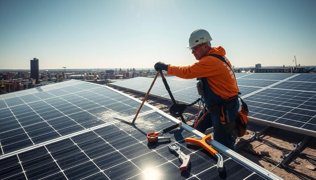 Image of a local Jonesboro solar maintenance specialist cleaning solar panels