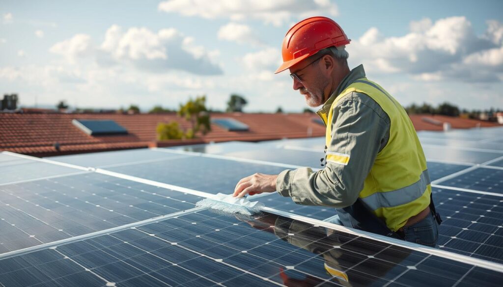 Image of a person inspecting solar panels before cleaning