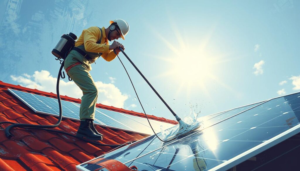 Image of a professional cleaner safely cleaning solar panels on a roof