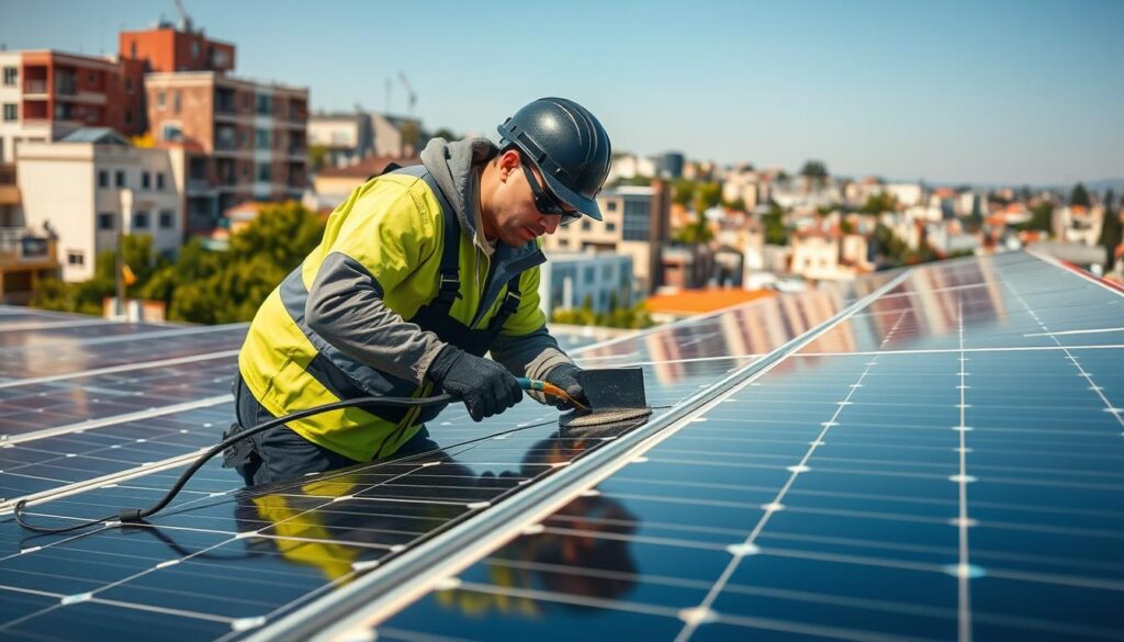 Image of a professional solar panel cleaner at work in Oakland, CA