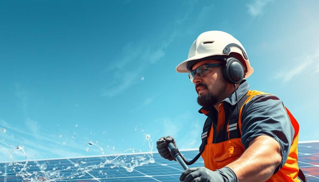 Image of a professional solar panel cleaner in Corpus Christi, TX, using advanced water purification technology.