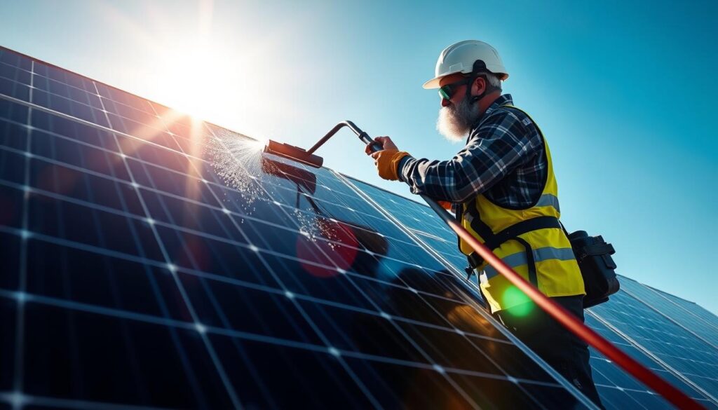 Image of a solar panel being cleaned by a professional