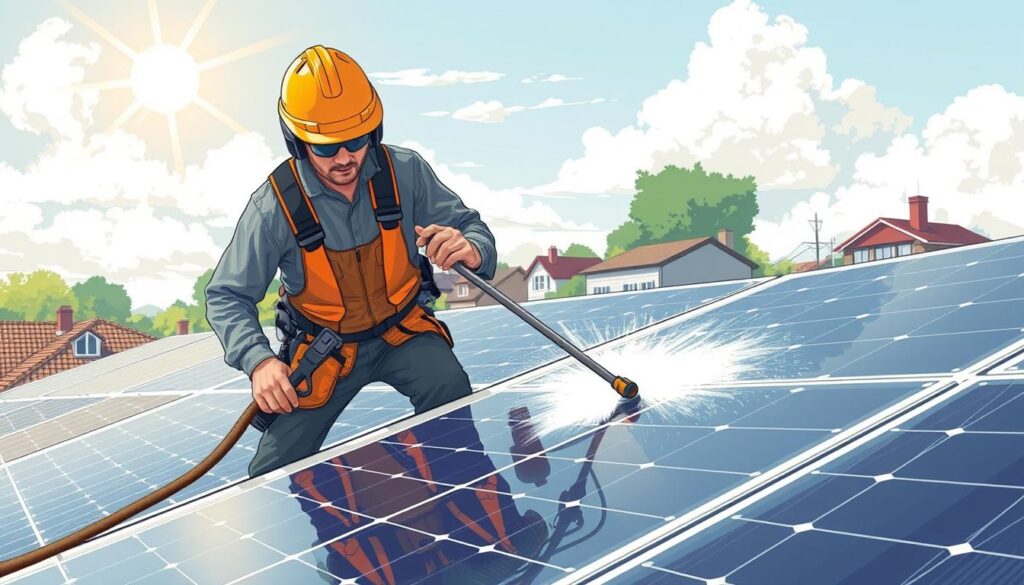 Image of a solar panel cleaning service technician at work in Albany, NY