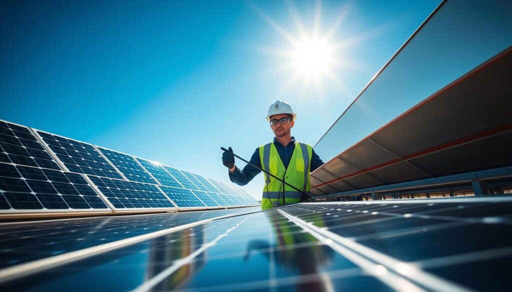 Image of a solar panel cleaning technician at work in El Paso, TX