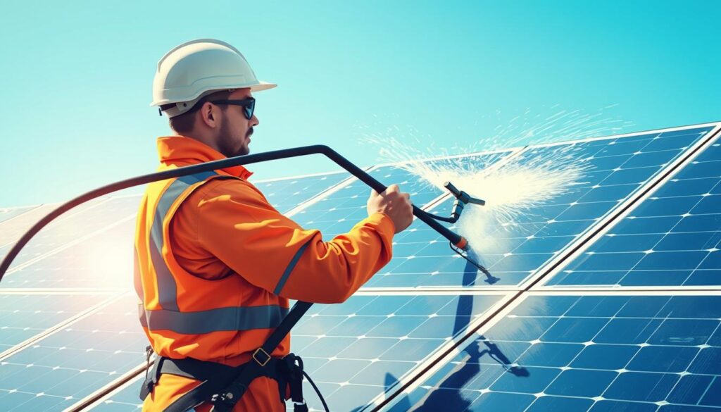 Image of a solar panel cleaning technician at work in Joliet, IL