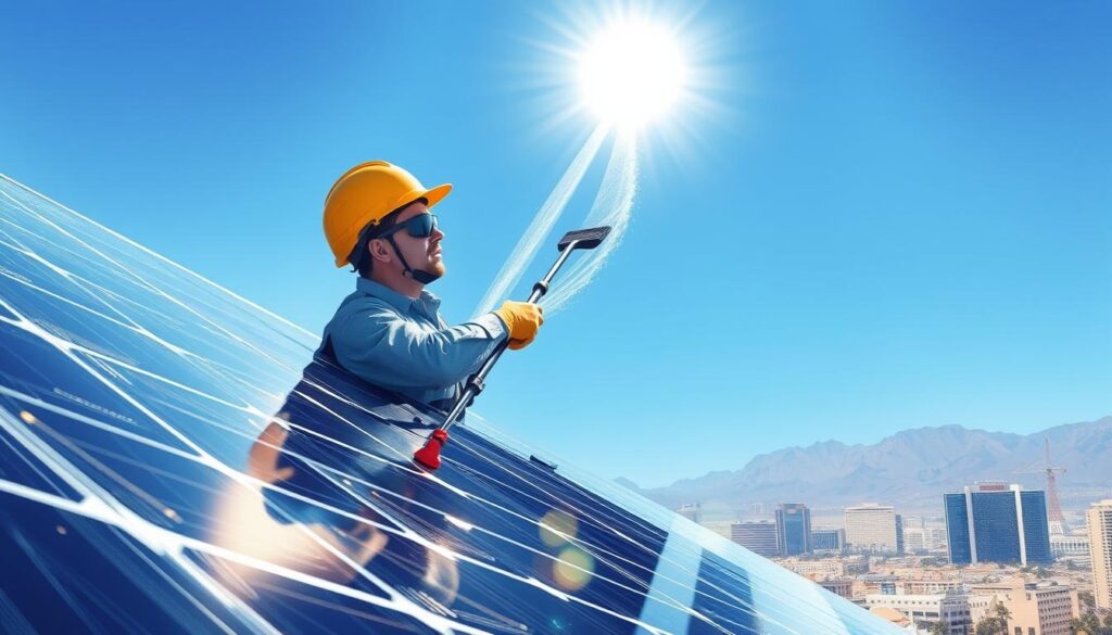 Image of a technician cleaning solar panels in Las Vegas