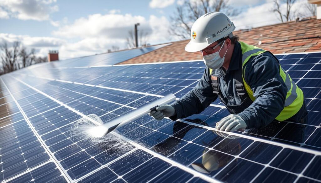 Image of a technician cleaning solar panels in Waterbury, CT, using soft-wash technology and eco-friendly cleaning solutions.