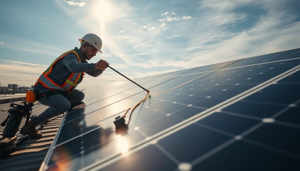 Image of a technician cleaning solar panels on a roof in Davenport, IA