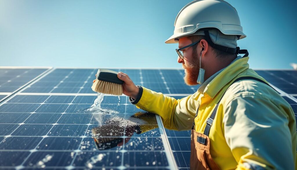 Image of a technician cleaning solar panels with a soft brush and deionized water
