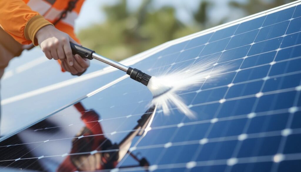Image of a technician cleaning solar panels with specialized equipment