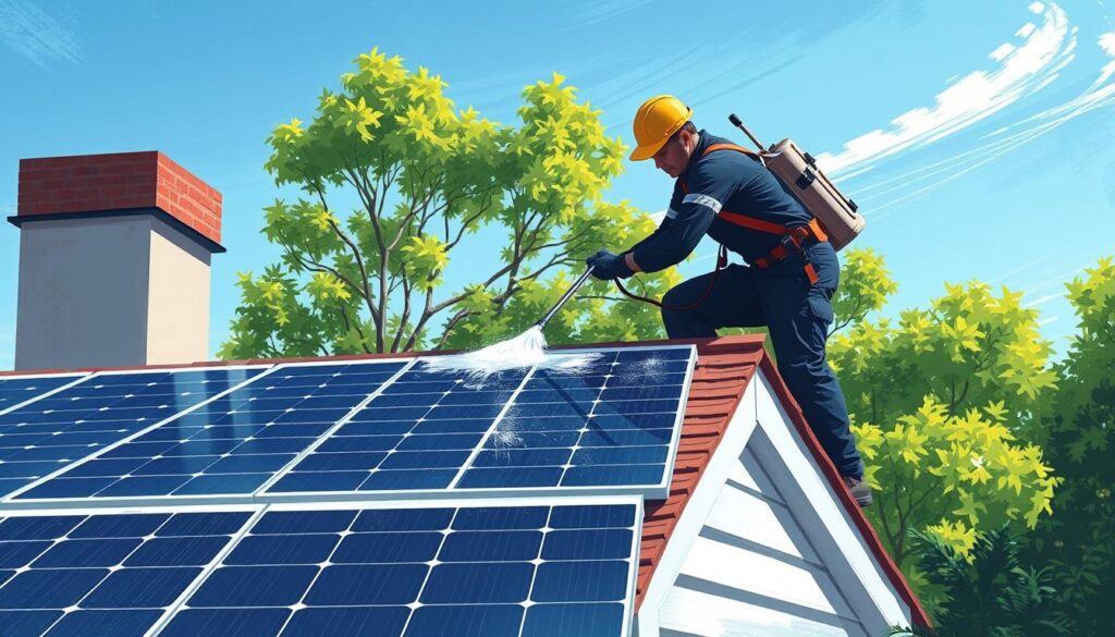 Image of a technician from Clean Solar Solutions cleaning solar panels on a roof in Yonkers, NY