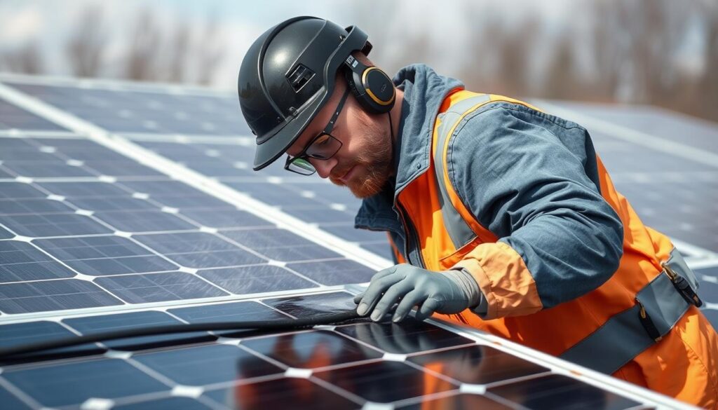 Image of a technician from Connecticut Solar Panel Cleaning inspecting solar panels