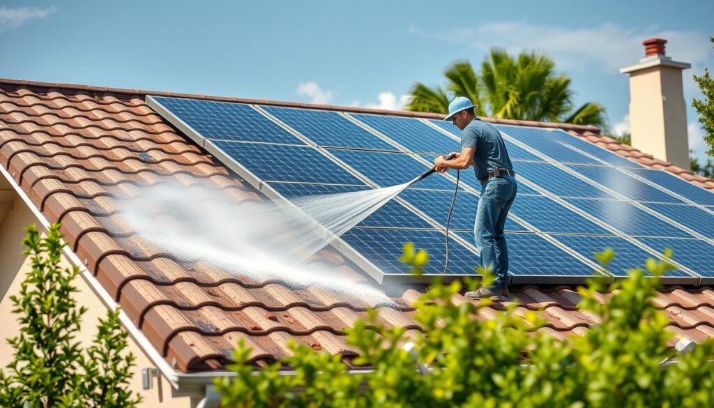 Image of residential pressure washing services cleaning solar panels