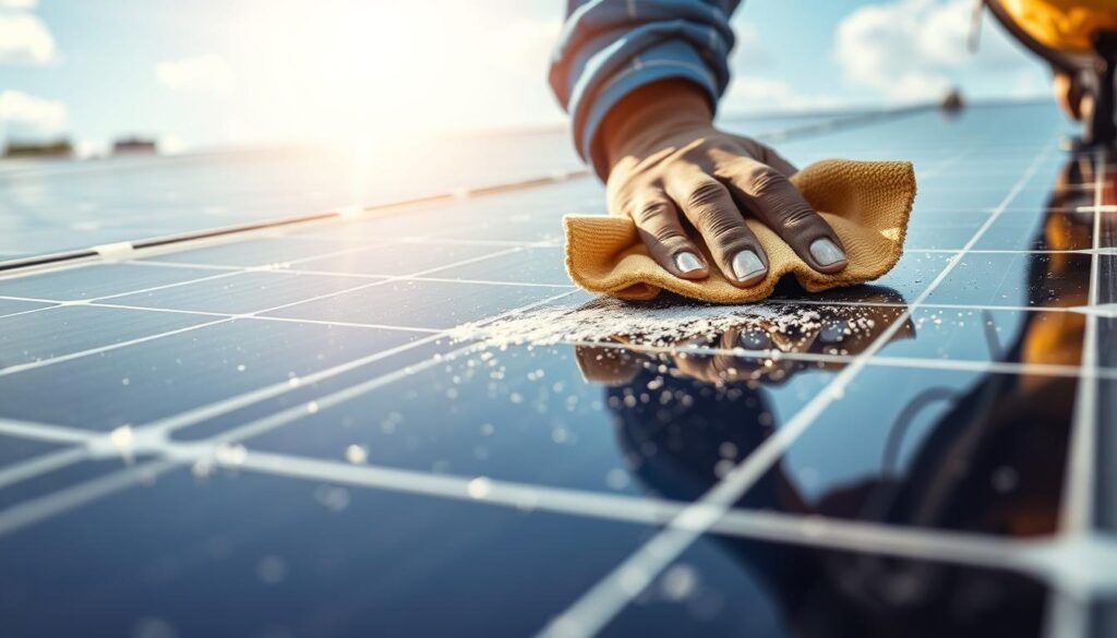 Meticulously detailed close-up shot of a professional solar panel cleaning service in progress, revealing the intricate process. In the foreground, a technician gently wipes down the panels with a microfiber cloth, removing accumulated dirt and grime. The middle ground showcases the specialized equipment, including a telescopic pole, a soft-bristle brush, and a purified water spray system. The background is a bright, sun-drenched day, highlighting the importance of maintaining optimal panel efficiency. The lighting is soft and diffused, creating a sense of tranquility and care. The overall atmosphere conveys the benefits of professional solar panel cleaning in East Orange, NJ - increased energy output, extended panel lifespan, and a well-maintained, pristine appearance.