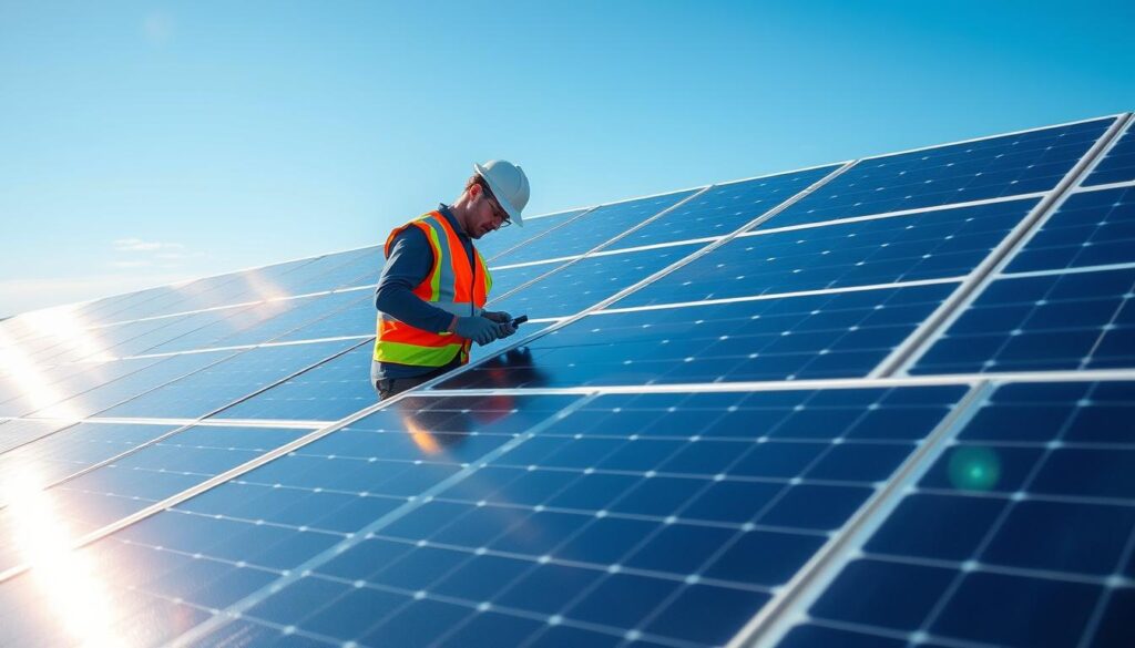Pristine solar panels against a clear blue sky, their shimmering surfaces reflecting the sun's radiant energy. In the foreground, a technician in a high-visibility vest carefully inspects the panels, using specialized tools to clean and maintain the delicate photovoltaic cells. The mid-ground reveals a well-organized worksite, with ladders, cleaning solutions, and other equipment neatly arranged, indicating a methodical approach to upkeep. In the background, the cityscape of Jersey City stretches out, a testament to the growing importance of renewable energy solutions. Soft, diffused lighting illuminates the scene, creating a sense of tranquility and professionalism, underscoring the benefits of regular solar panel maintenance.