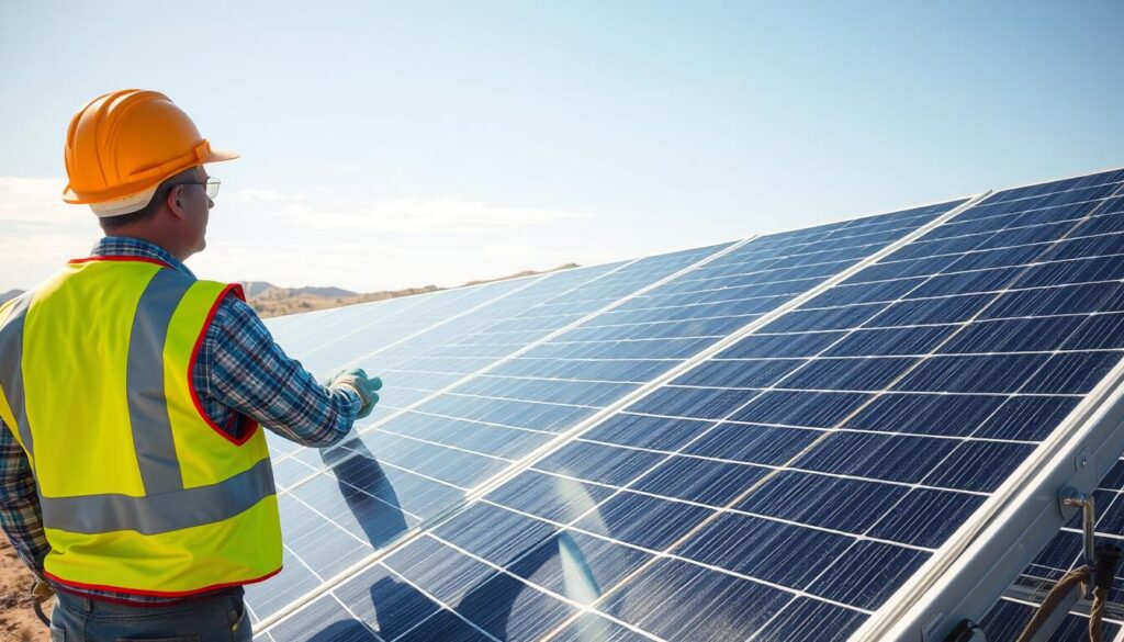Prompt A clean, well-maintained solar panel array set against a bright, cloudless sky. In the foreground, a technician in a safety vest and hard hat carefully cleaning the panels with a microfiber cloth, ensuring each surface is spotless. The middle ground features the intricate wiring and inverters of the system, highlighting the technical expertise required. In the background, rolling hills and desert foliage create a picturesque, natural setting, underscoring the integration of renewable energy technology with the environment. Warm, diffused lighting illuminates the scene, conveying a sense of professionalism and attention to detail essential for optimal solar panel performance.