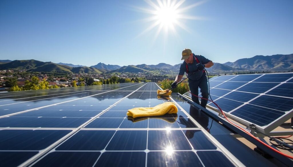 Sleek, modern solar panels set against a bright, sun-drenched backdrop. In the foreground, a professional cleaning technician meticulously wipes down the panels with a microfiber cloth, removing any accumulated dust or grime. The middle ground showcases the efficient cleaning tools and equipment, while the background features a picturesque Provo, UT cityscape with lush greenery and towering mountains. The scene conveys the benefits of professional solar panel cleaning, highlighting the importance of maintaining optimal energy efficiency and performance.