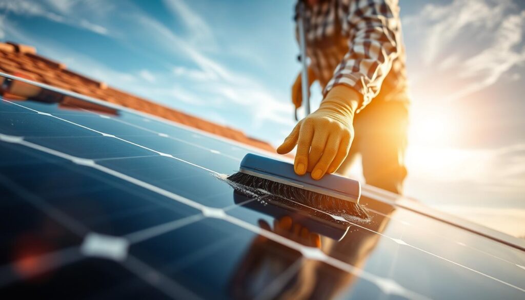 a detailed close-up view of a professional worker cleaning solar panels on a residential rooftop, with warm natural sunlight illuminating the scene. the worker is using a specialized cleaning tool to wipe down the solar panels, removing any accumulated dirt and debris. the panels are gleaming and reflective, suggesting their high efficiency. the background features a clear blue sky with a few wispy clouds, creating a pleasant and serene atmosphere. the overall composition emphasizes the importance and benefits of regular professional solar panel maintenance for optimal energy production.