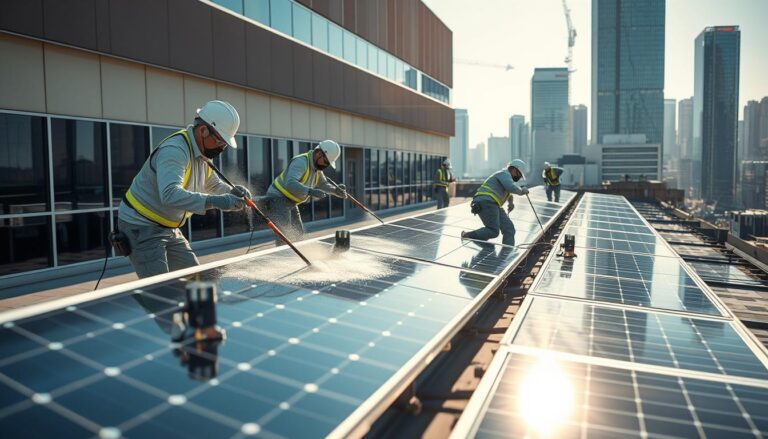 a detailed, photorealistic image of a professional solar panel cleaning service in action, set in Akron, Ohio in 2025. the scene depicts a team of technicians carefully wiping down and maintaining rows of solar panels installed on the rooftop of a commercial building. the technicians are wearing protective gear and using specialized cleaning tools and equipment. the panels are gleaming in the bright sunlight, casting reflections on the building's facade. the background shows the urban skyline of Akron, with modern skyscrapers and infrastructure. the overall mood is one of efficiency, expertise, and a commitment to renewable energy.
