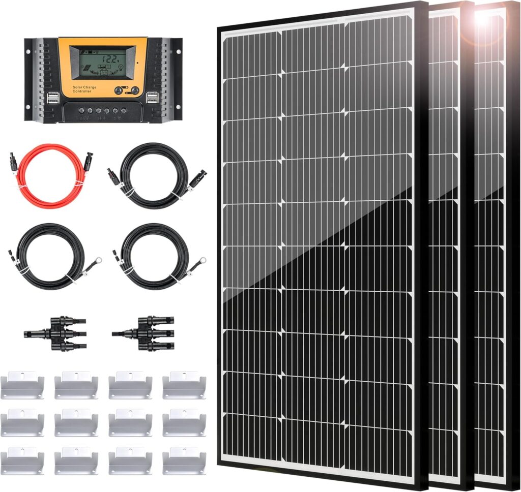 JJN Solar Panel Kit 300 Watt 12 Volt Monocrystalline Solar Panels with 40A PWM Charge Controller 2 Pair Solar Panel Cables 3 Set Z Brackets 4 Way Connector for RV Camper Marine Boat Off Grid System