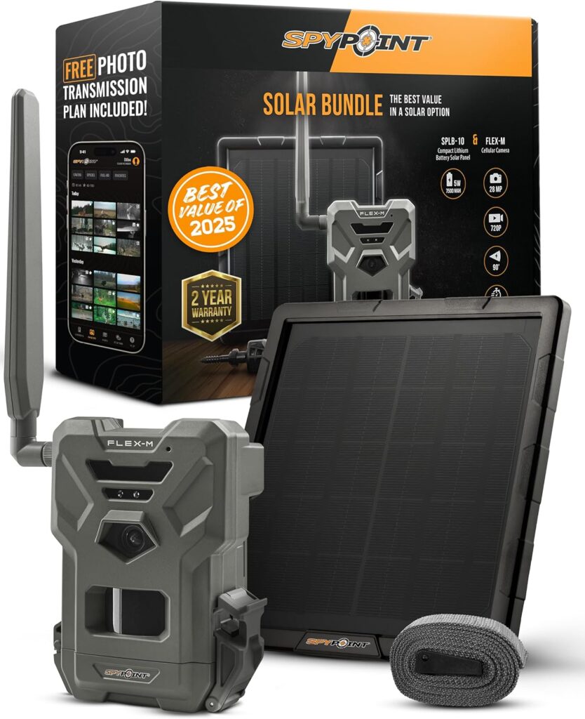 SPYPOINT Flex-M Solar Bundle - Cellular Trail Camera with Solar Panel, Best in Hunting Accessories, No WiFi Needed, GPS, Night Vision, Motion Activated, Dual-Sim LTE, IP65 Water-Resistant Game Camera