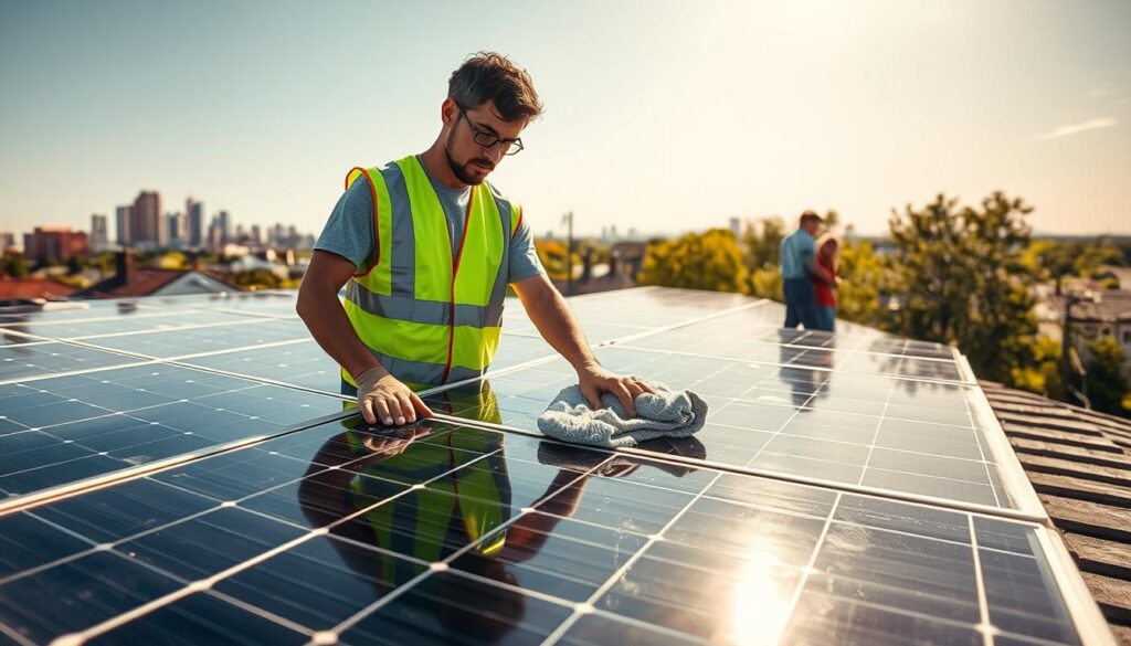 A bright sunny day in Bridgeport, CT. In the foreground, a technician in a high-visibility vest is carefully wiping down the solar panels on a residential rooftop with a soft microfiber cloth, ensuring each panel is spotless. The mid-ground features the homeowner observing the process, while in the background, the city skyline is visible. The lighting is natural and warm, casting gentle shadows across the scene. The camera angle is slightly elevated, providing a comprehensive view of the entire cleaning operation. The mood is one of professionalism and attention to detail, showcasing the care and expertise required for proper solar panel maintenance.
