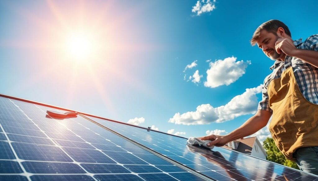 A bright, sunny day in Independence, MO. In the foreground, a person in work coveralls meticulously cleaning the surface of a rooftop solar panel with a soft cloth, removing any accumulated dust and debris. The solar panel's sleek, black frame and gleaming glass surface are bathed in warm, directional sunlight. In the middle ground, a residential home with a well-maintained roof and lush, green landscaping. In the background, a clear blue sky dotted with fluffy white clouds. The overall scene conveys a sense of diligence, care, and the importance of proper solar panel maintenance for optimal energy production.