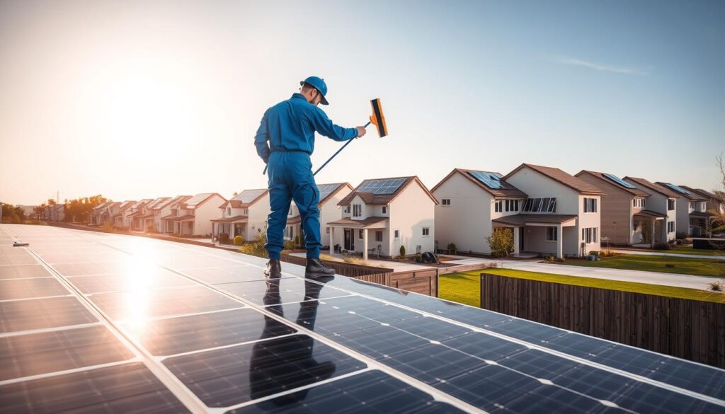 A bright, sunny day in a residential neighborhood. In the foreground, a person in a blue jumpsuit is carefully cleaning the surface of a solar panel using a specialized brush and squeegee, ensuring maximum efficiency. The panels are mounted on the rooftop of a modern, well-maintained home, casting long shadows onto the manicured lawn below. In the background, a row of similar homes with neatly arranged solar arrays can be seen, highlighting the growing adoption of renewable energy in the community. The scene conveys a sense of diligence, environmental consciousness, and the importance of proper solar panel maintenance for optimal performance.