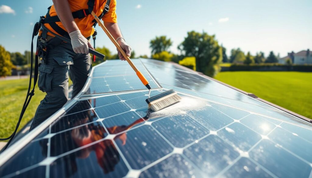 A bright sunny day, solar panels on a residential rooftop being cleaned by a professional technician using a long-handled brush and squeegee. The panels are shimmering in the sunlight, their surfaces free of dust and grime. The technician, wearing a safety harness, is carefully wiping down each panel, ensuring maximum efficiency and energy output. In the background, a lush green lawn and a clear blue sky provide a peaceful, natural setting. The scene conveys the importance of regular solar panel maintenance for optimal performance and energy savings.