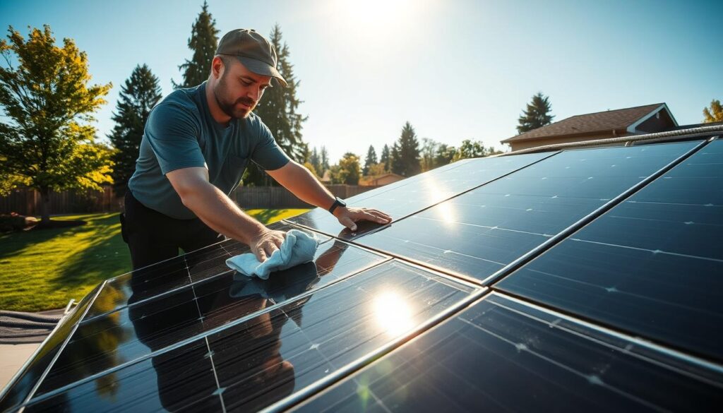 A bright, warm afternoon sun illuminates a residential rooftop, where a technician carefully wipes down solar panels with a soft cloth. The panels glisten, their sleek black surfaces reflecting the surrounding greenery. In the background, a well-maintained lawn and a few tall trees provide a serene backdrop. The technician's movements are deliberate and efficient, demonstrating the importance of regular panel cleaning for optimal energy production. The image conveys a sense of diligence and environmental stewardship, highlighting the recommended cleaning frequency for solar panels in the Portland, OR climate.