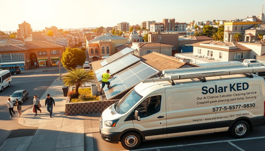A bustling commercial neighborhood on a sunny day, a medium-sized solar panel cleaning service van in the foreground, its workers in bright uniforms tending to a row of solar panels mounted on a residential rooftop. The van's side displays the company's logo and contact information. In the middle ground, passersby on the sidewalk and traffic on the street. The background features a mix of commercial and residential buildings, their rooftops dotted with solar panels. Warm, golden sunlight bathes the scene, casting soft shadows. The overall atmosphere conveys professionalism, efficiency, and environmentally-conscious service.