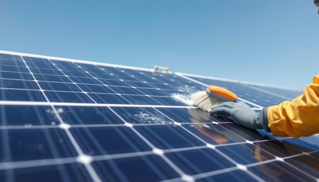 A clean, modern solar panel on a sunny day in Columbia, Missouri. The panel is positioned at an optimal angle to capture maximum sunlight, with a clear blue sky in the background. The foreground shows a detailed schedule with specific cleaning intervals, emphasizing the importance of regular maintenance for optimal performance. The middle ground features a worker using a soft brush to gently clean the surface of the panel, ensuring no damage to the delicate components. The lighting is bright and natural, highlighting the sleek design of the solar panel and the precision of the cleaning process. The overall atmosphere conveys a sense of efficiency, sustainability, and well-maintained renewable energy infrastructure.