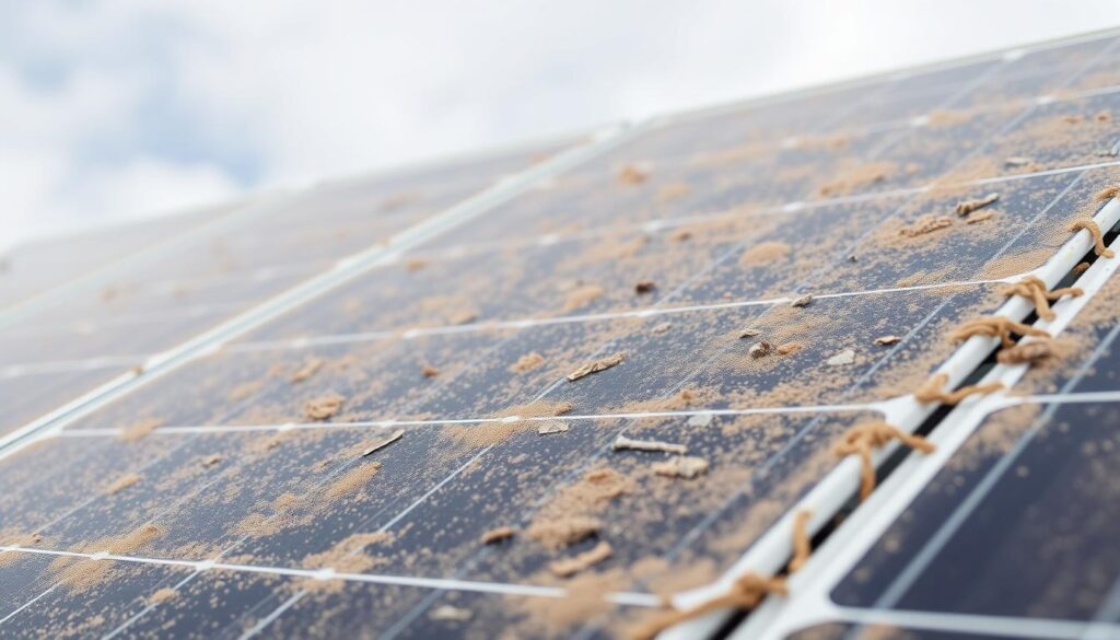 A close-up shot of a set of solar panels with a buildup of dirt, dust, and debris on their surfaces, creating a noticeably hazy and dull appearance. The panels are positioned at a slight angle, with the sky visible in the background, suggesting an outdoor setting. The lighting is slightly overcast, creating soft shadows and highlighting the uneven texture of the accumulated grime. The overall composition emphasizes the contrast between the once-sleek solar panels and their current disheveled state, conveying a sense of neglect and the need for professional cleaning to restore their optimal performance.