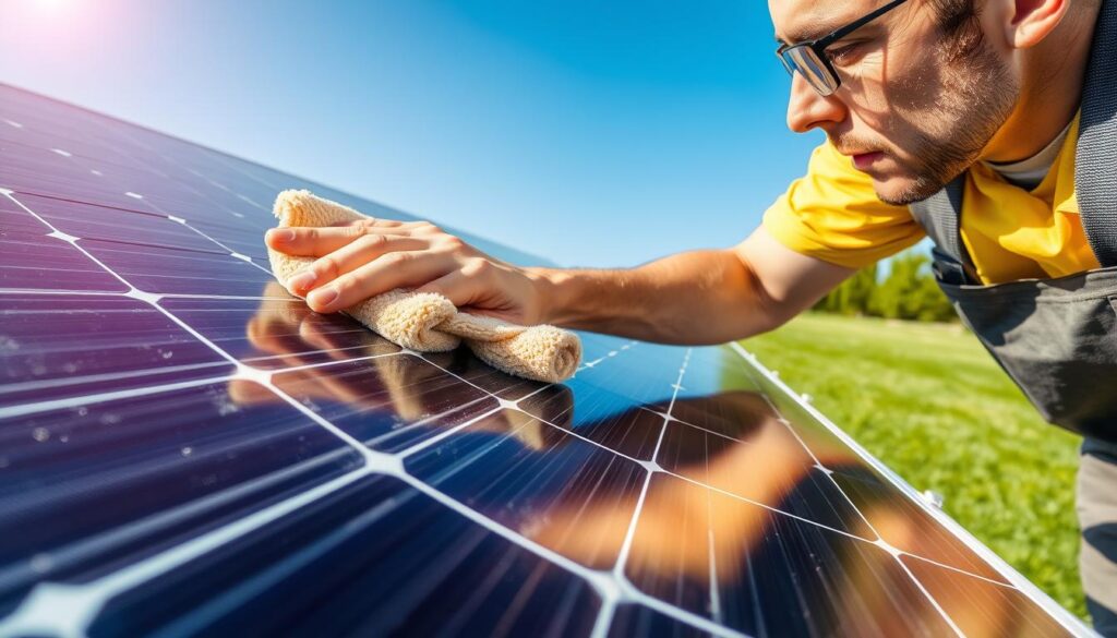 A close-up view of a professional solar panel cleaning service, with a worker carefully wiping down a solar panel using a microfiber cloth and a specialized cleaning solution. The panel is positioned in a sunlit outdoor setting, with a well-maintained, lush green lawn and a clear blue sky in the background. Soft, directional lighting highlights the intricate textures of the panel's surface, and the worker's focused expression conveys their dedication to ensuring the panel's optimal performance. The scene exudes a sense of precision, care, and environmental responsibility, reflecting the high standards of a top-tier solar panel cleaning service.