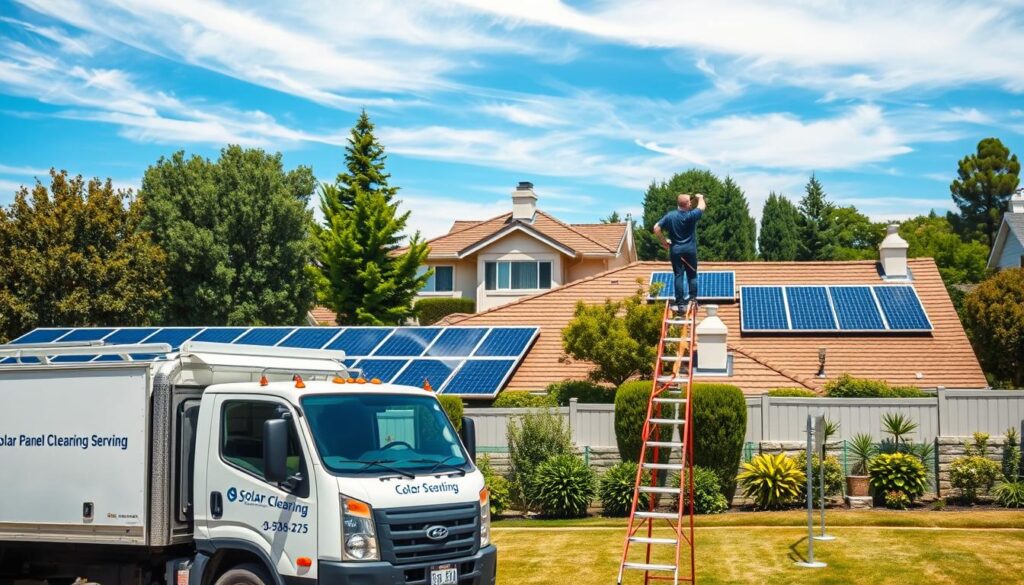 A commercial solar panel cleaning service truck parked in the foreground, its operator carefully cleaning panels on a residential rooftop using a long-handled squeegee. In the middle ground, a neatly manicured suburban neighborhood with lush landscaping. The background features a clear blue sky with wispy clouds, creating a bright, sunny atmosphere. The scene conveys professionalism, efficiency, and environmental responsibility.
