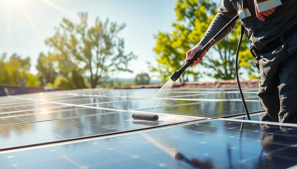 A crisp, sunny day with sunlight streaming across a well-maintained residential rooftop. In the foreground, a technician in a uniform deftly uses a specialized solar panel cleaning tool to gently wipe away dirt and grime, maximizing the efficiency of the gleaming photovoltaic cells. The middle ground showcases the orderly array of solar panels, their surfaces reflecting the bright sky. In the background, lush green trees and a clear horizon create a serene, natural setting, underscoring the sustainable nature of solar power. Subtle lens flare and a warm color palette convey a sense of optimism and productivity, perfectly complementing the "best time for solar panel cleaning" theme.