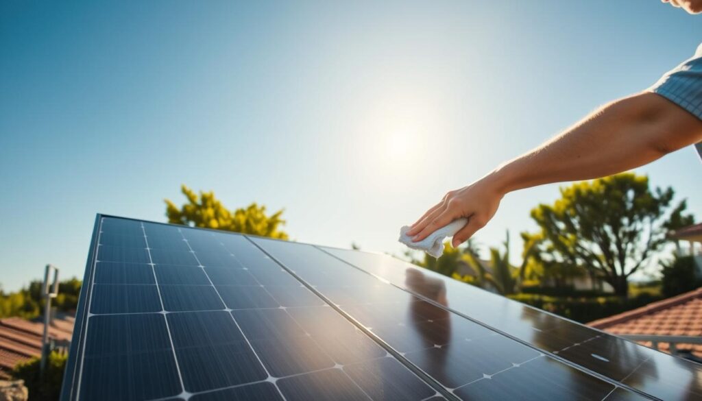 A crisp, sunny day with warm lighting illuminating a residential rooftop. In the foreground, a person carefully wiping down a solar panel with a microfiber cloth, meticulously cleaning the surface. The middle ground showcases the array of panels, their glossy black frames standing in contrast to the bright blue sky. In the background, lush green trees and landscaping create a pleasant, natural setting. The scene conveys a sense of diligence and responsibility, with the person's focused expression reflecting the importance of maintaining optimal solar panel performance through regular cleaning.