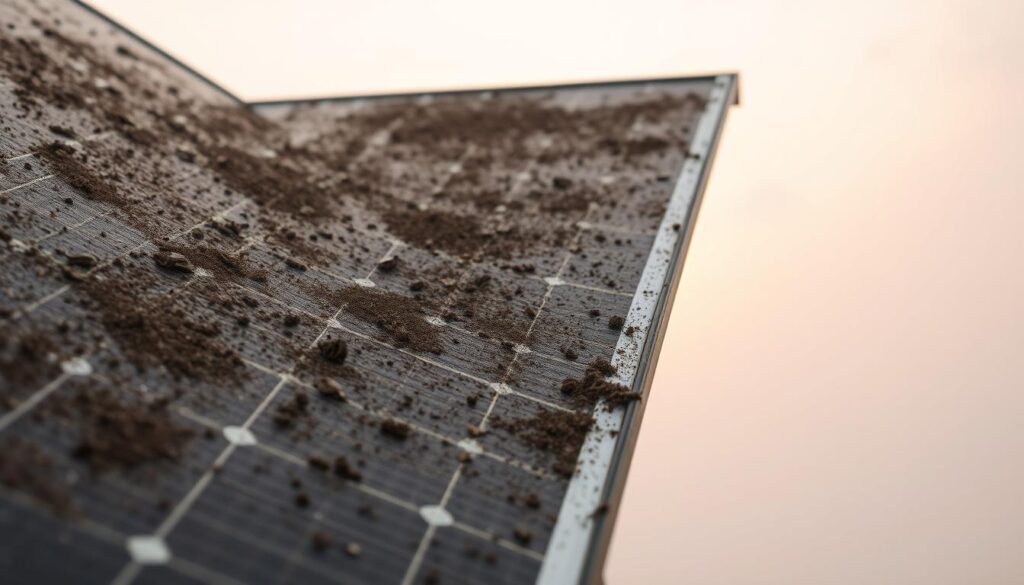 A dirty solar panel, covered in grime, dust, and debris, against a hazy, overcast sky. The panel is angled to capture the fading sunlight, but its once-gleaming surface is obscured by a layer of accumulated filth. The foreground is in sharp focus, highlighting the textured, uneven surface of the panel, while the background is slightly blurred, creating a sense of depth and emphasis on the panel itself. The lighting is soft and diffused, casting subtle shadows that accentuate the panel's flaws. The overall mood is one of neglect and the need for maintenance, conveying the message that even the most efficient solar panels require regular cleaning to function at their best.