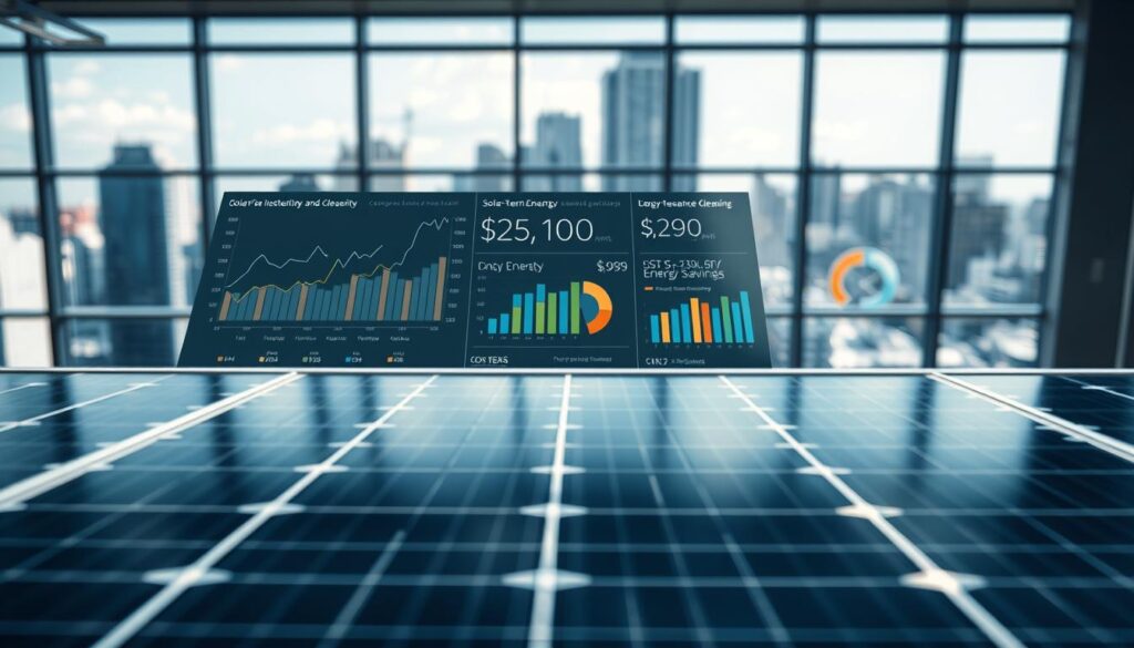A high-contrast, well-lit overhead view of a detailed cost analysis dashboard displayed on a solar panel. The dashboard shows line graphs, pie charts, and numerical data comparing the costs of solar panel installation, maintenance, and cleaning against the long-term energy savings and return on investment. The solar panel itself is in sharp focus in the foreground, with a blurred urban cityscape visible through large windows in the background, suggesting a modern, professional office environment. The overall tone is analytical, data-driven, and conveys the financial implications of maintaining clean, efficient solar panels.