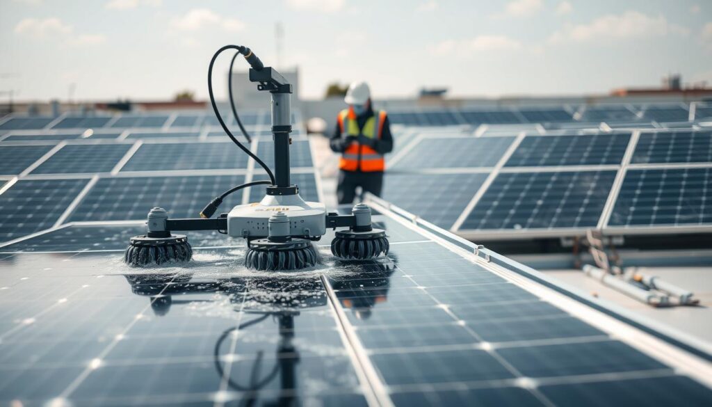 A high-quality, detailed image of solar panel cleaning equipment in a well-lit, professional industrial setting. In the foreground, a specialized robotic cleaning device with rotating brushes and sprayers gently cleaning the surface of a solar panel. In the middle ground, a worker in protective gear operating the cleaning equipment via remote control. In the background, rows of neatly arranged solar panels on a rooftop, with a bright, clear sky overhead. The image conveys a sense of efficiency, attention to detail, and a commitment to maintaining optimal solar panel performance.