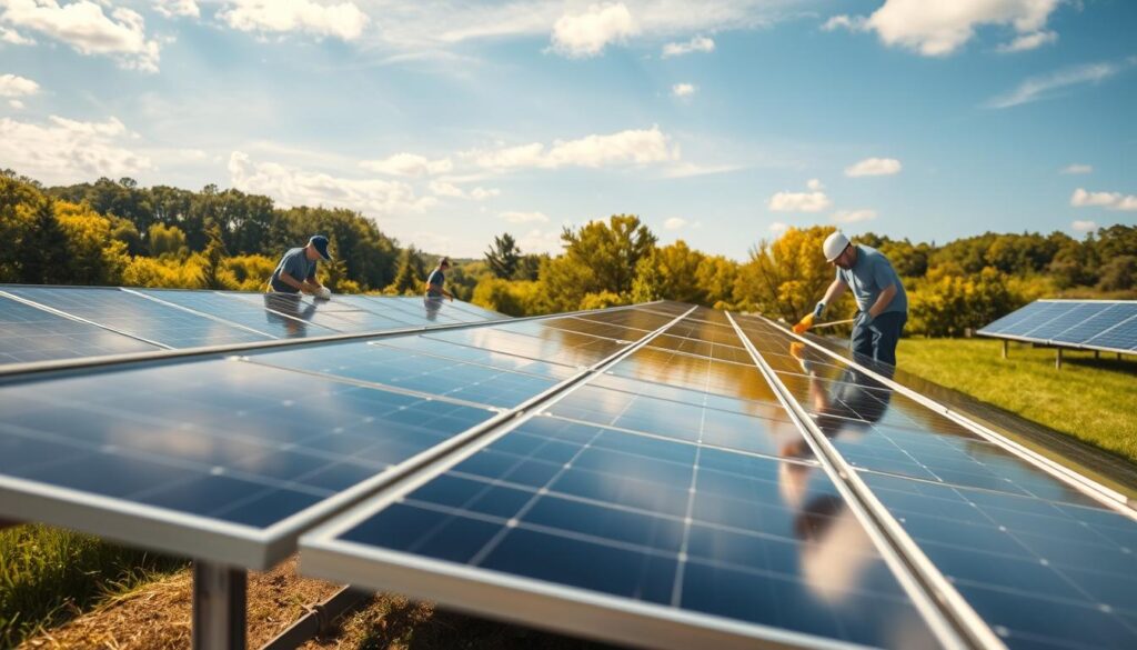 A high-resolution landscape image of solar panels being cleaned in a sunny, picturesque setting in Warwick, RI. The foreground shows a team of workers carefully wiping down the panels with soft cloths, capturing the meticulous attention to detail required for optimal solar panel maintenance in the region's climate. The middle ground features the gleaming, fully-functional solar array set against a backdrop of lush greenery and a clear blue sky. Warm, golden lighting illuminates the scene, conveying a sense of quiet productivity and environmental harmony. The overall composition highlights the importance of professional solar panel cleaning services in maintaining the efficiency and longevity of renewable energy systems in Warwick's unique climate conditions.