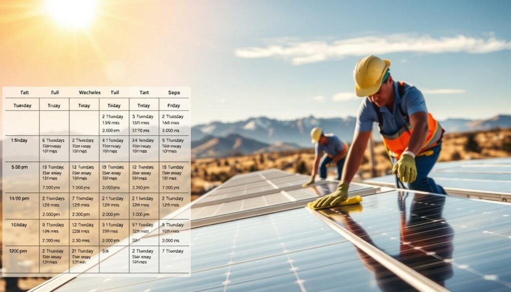A neatly organized weekly solar panel cleaning schedule set against a bright, sun-drenched background in Pocatello, Idaho. The foreground depicts a detailed cleaning calendar with specific dates and tasks, while the middle ground showcases a team of technicians carefully wiping down solar panels with microfiber cloths. The background features a panoramic view of the Portneuf Range, highlighting the region's stunning natural beauty. The lighting is warm and natural, casting a soft glow over the entire scene. The image conveys a sense of efficiency, professionalism, and the importance of maintaining solar panels for optimal energy production in Pocatello's sunny climate.